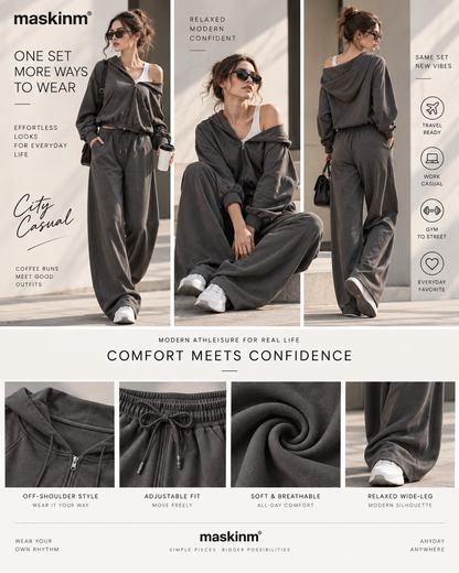 maskinm® Off-Shoulder Relaxed Hoodie Set Effortless Comfort. Modern Street Style.