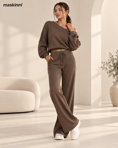maskinm® Ribbed Off-Shoulder Lounge Set Soft Texture. Effortless Elegance.