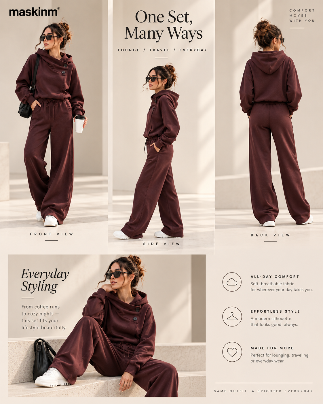 maskinm® Draped Collar Lounge Set Relaxed Comfort. Refined Everyday Style.