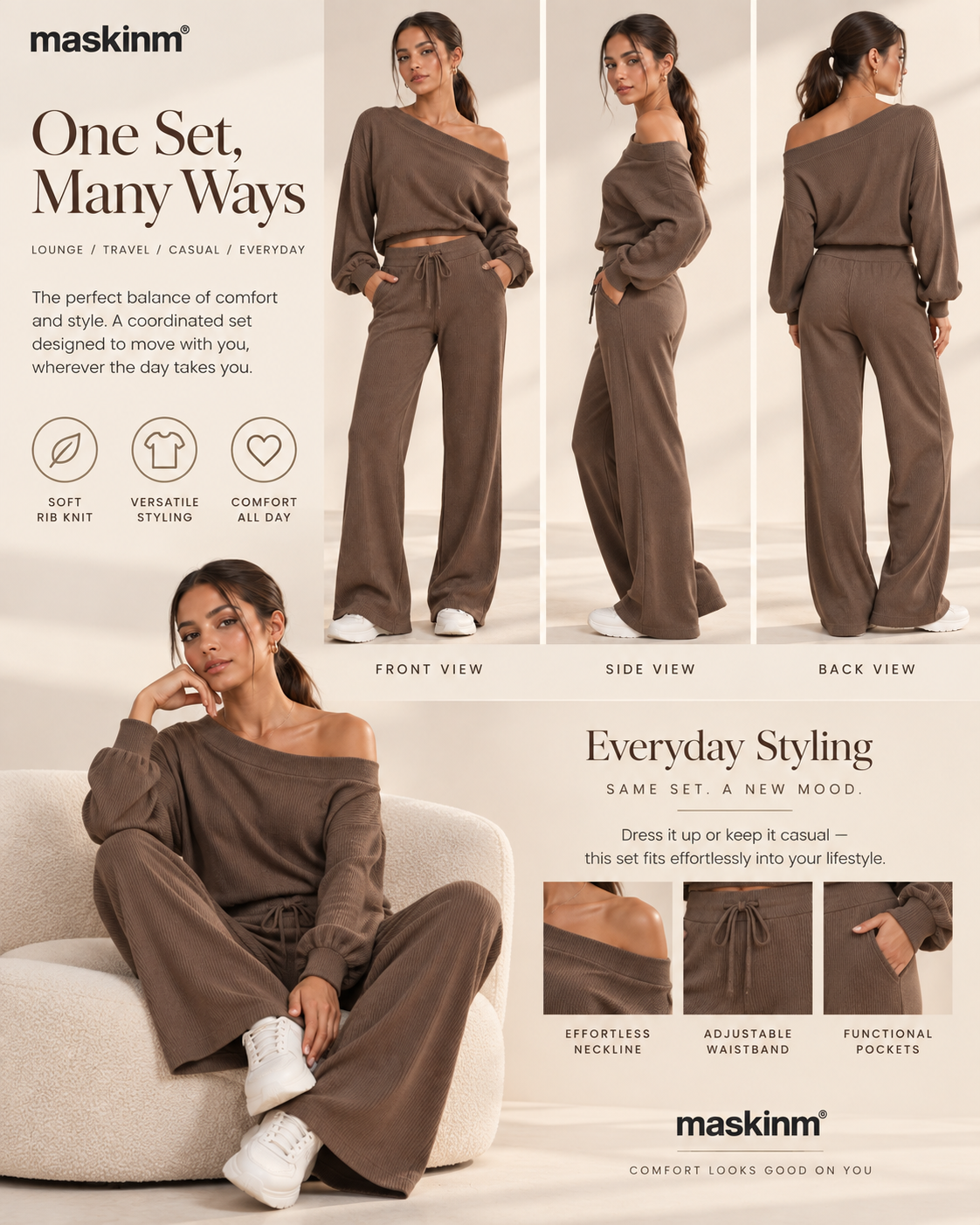 maskinm® Ribbed Off-Shoulder Lounge Set Soft Texture. Effortless Elegance.