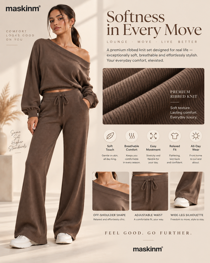 maskinm® Ribbed Off-Shoulder Lounge Set Soft Texture. Effortless Elegance.