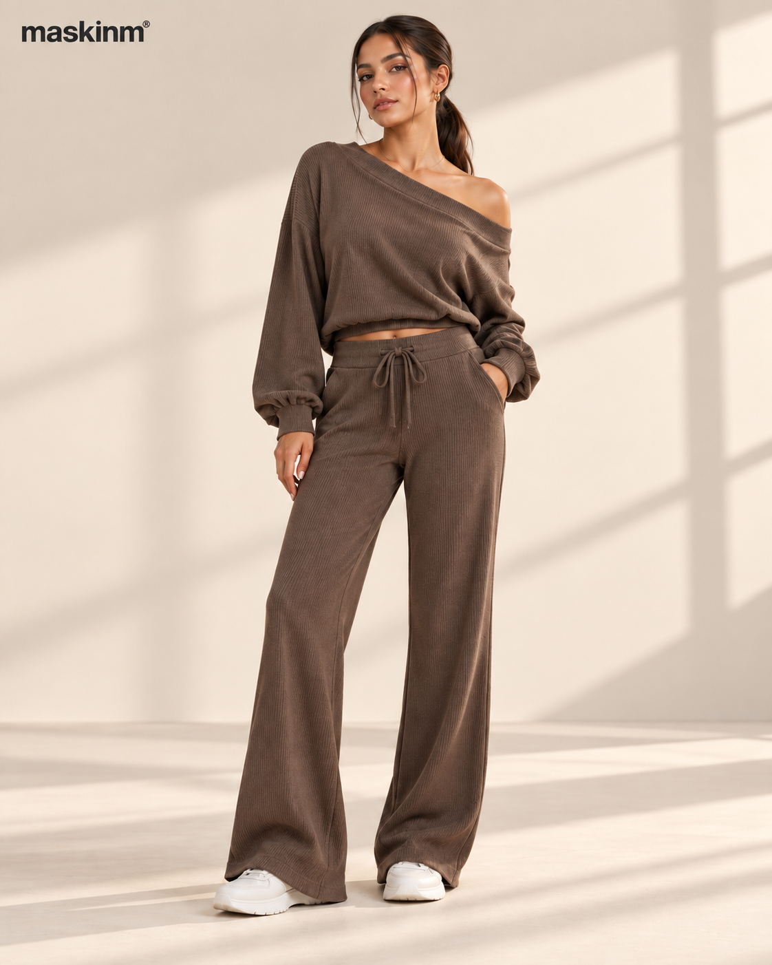 maskinm® Ribbed Off-Shoulder Lounge Set Soft Texture. Effortless Elegance.