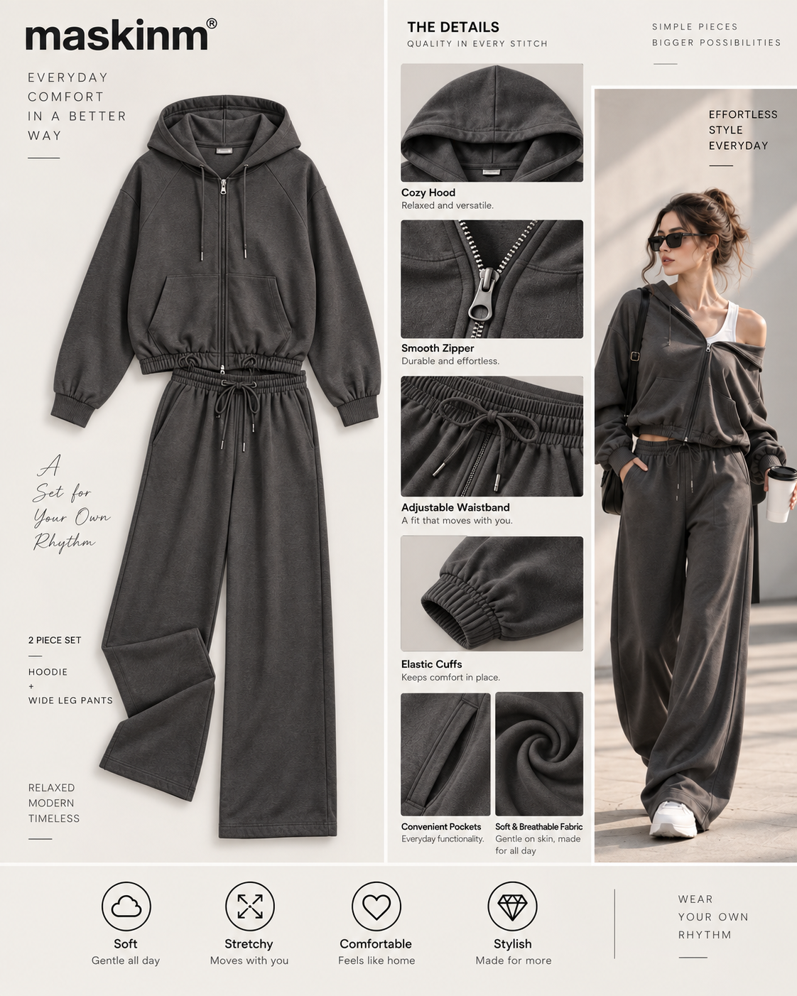 maskinm® Off-Shoulder Relaxed Hoodie Set Effortless Comfort. Modern Street Style.