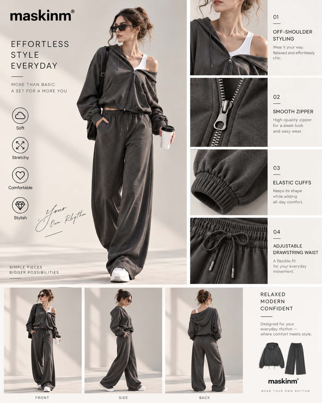 maskinm® Off-Shoulder Relaxed Hoodie Set Effortless Comfort. Modern Street Style.