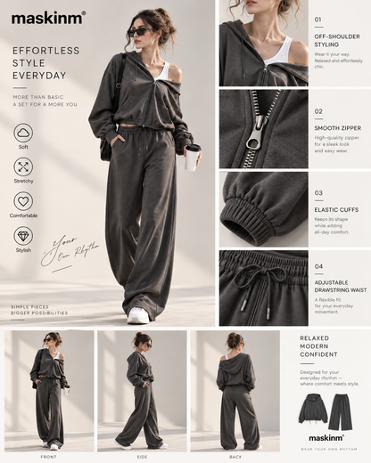 maskinm® Off-Shoulder Relaxed Hoodie Set Effortless Comfort. Modern Street Style.