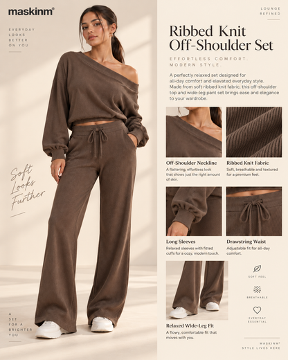 maskinm® Ribbed Off-Shoulder Lounge Set Soft Texture. Effortless Elegance.