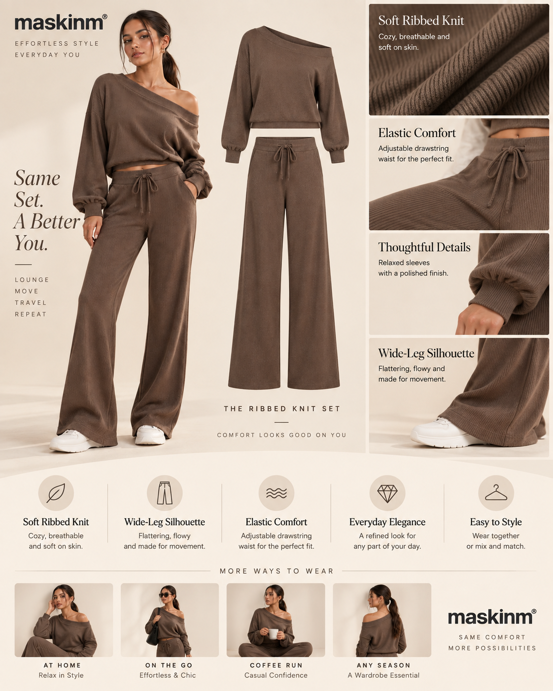 maskinm® Ribbed Off-Shoulder Lounge Set Soft Texture. Effortless Elegance.